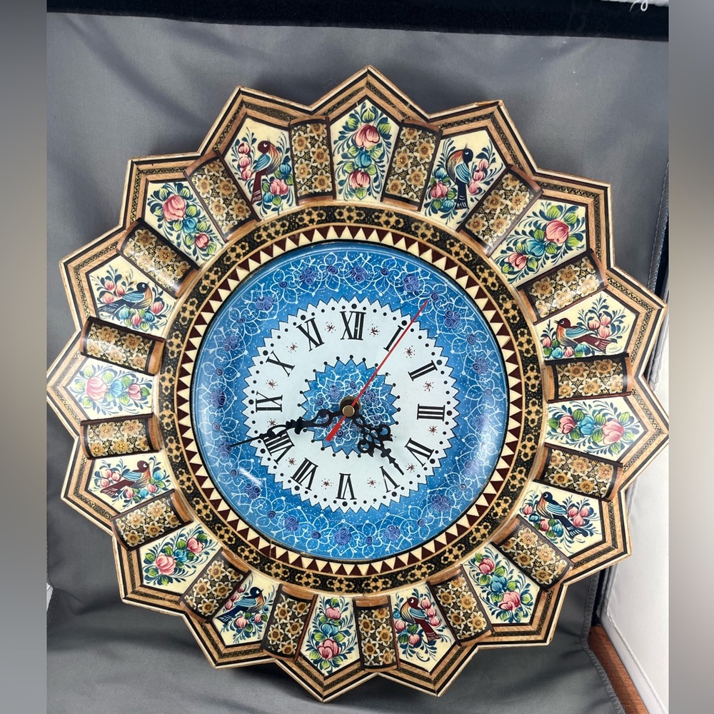 Persian Marquetry Wooden Wall Clock. 
14.5” inches. 
Note chip on one corner.